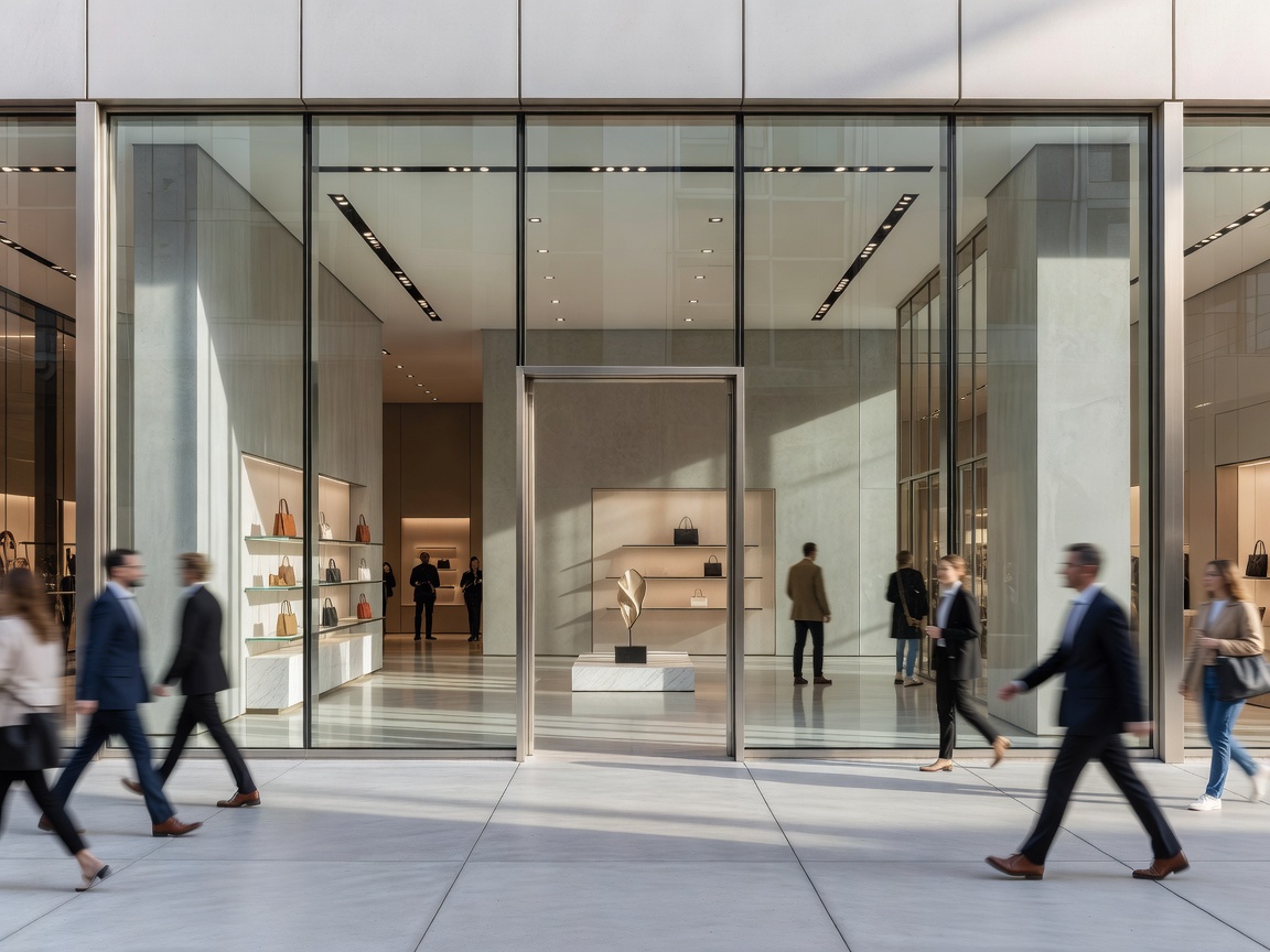 Clean retail floor and glass display storefront in active commercial center