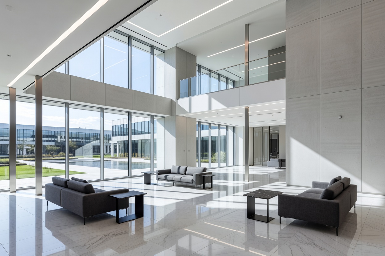 Editorial commercial photography of a pristine modern corporate facility interior with polished architectural surfaces and daylight