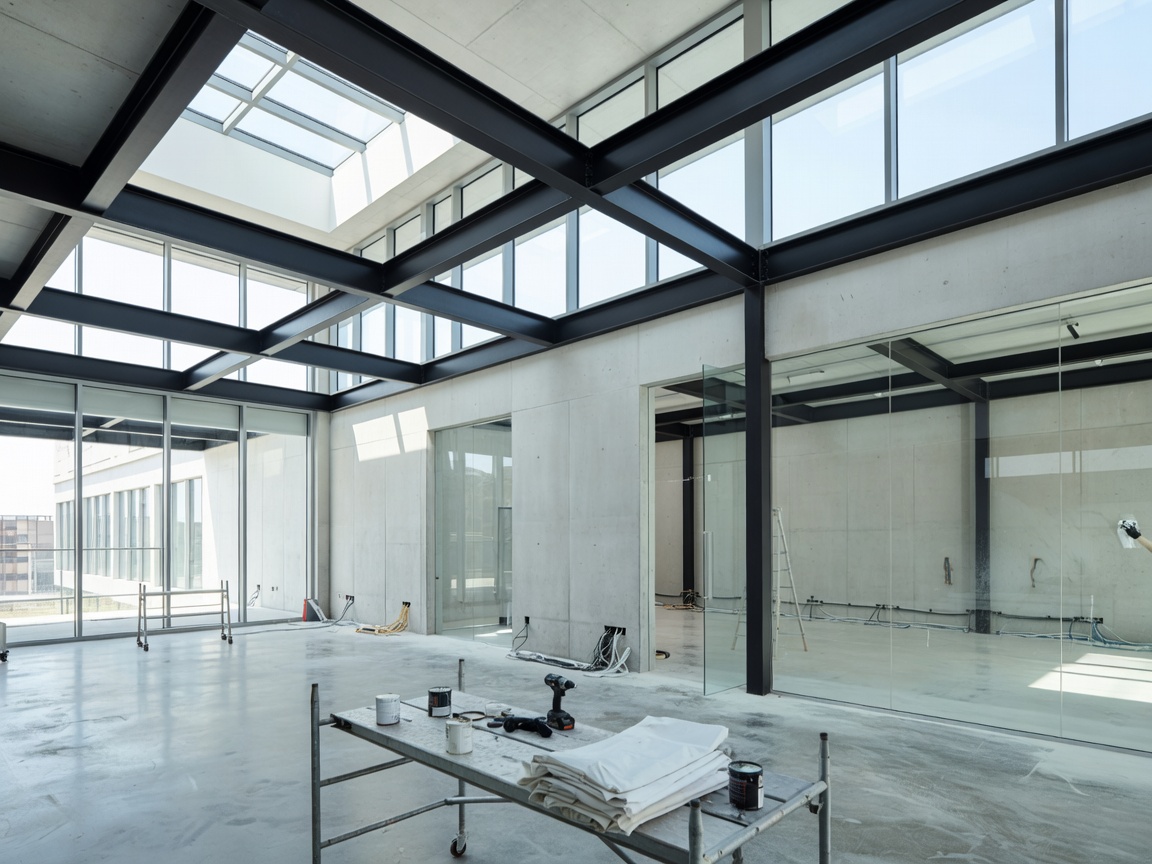Modern architectural facility interior during final post-construction detail phase