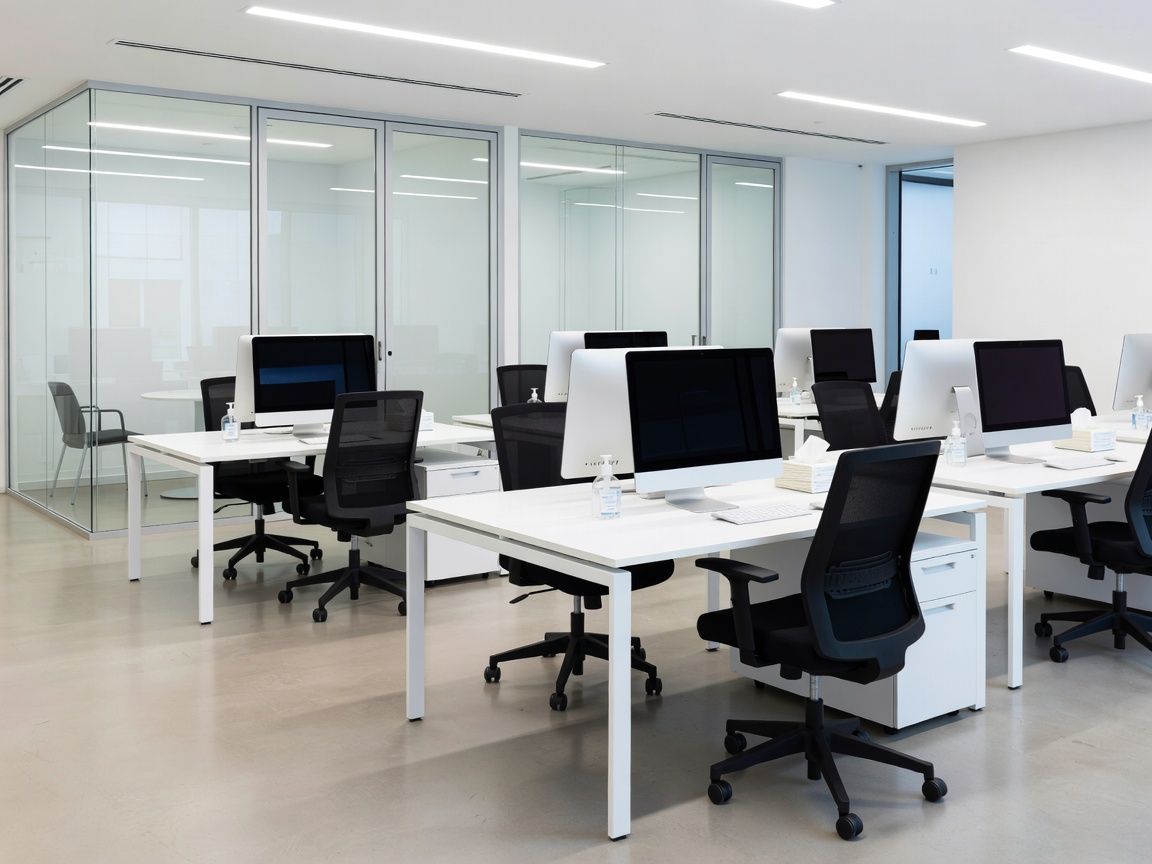 Professional commercial office interior with sanitized workstations and glass meeting rooms